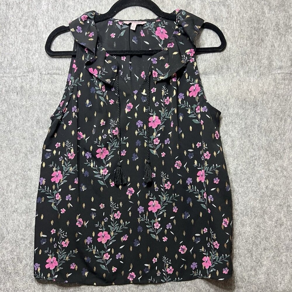Juicy Couture Top Large Sleeveless Black Floral V Neck Ruffle‎ Collar Lined - Picture 8 of 8